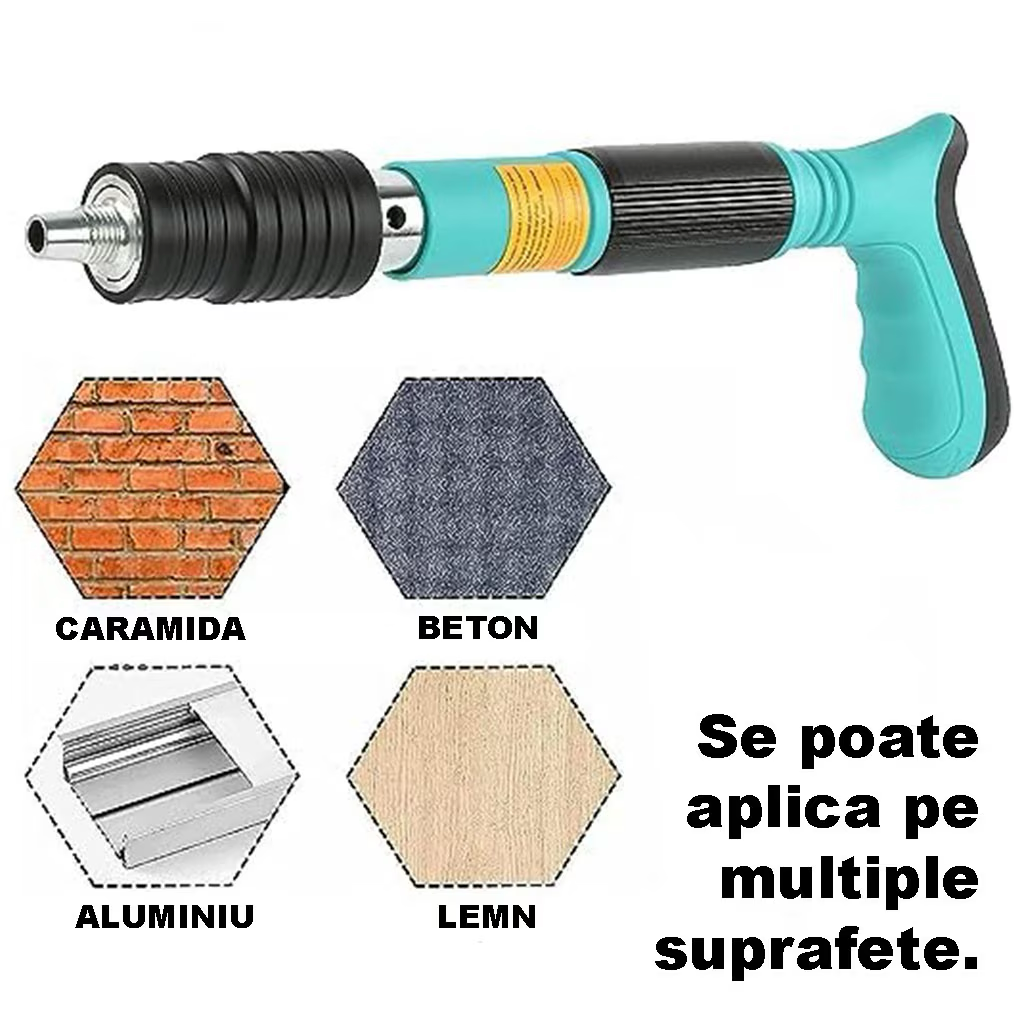 Kézi szegező készlet falra szegek/nitrok rögzítéséhez – 30 cm hosszú, 7,3 mm kaliberű, pneumatikus, tartozékokkal, védőszemüveggel, szállítódobozzal, kék + 50 szeget tartalmaz